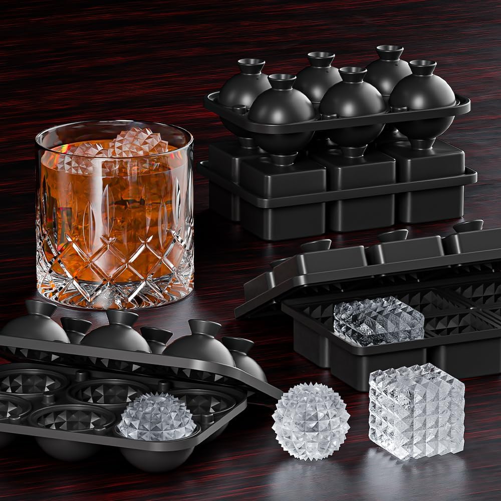 Sphere Ice Cube Tray – 6 Cubes Diamond Pattern Silicone Mold, Easy Release, Reusable Round Ice Ball Maker for Whiskey, Cocktails & Drinks
