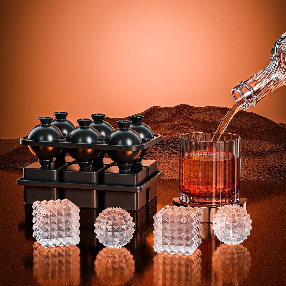 Sphere Ice Cube Tray – 6 Cubes Diamond Pattern Silicone Mold, Easy Release, Reusable Round Ice Ball Maker for Whiskey, Cocktails & Drinks
