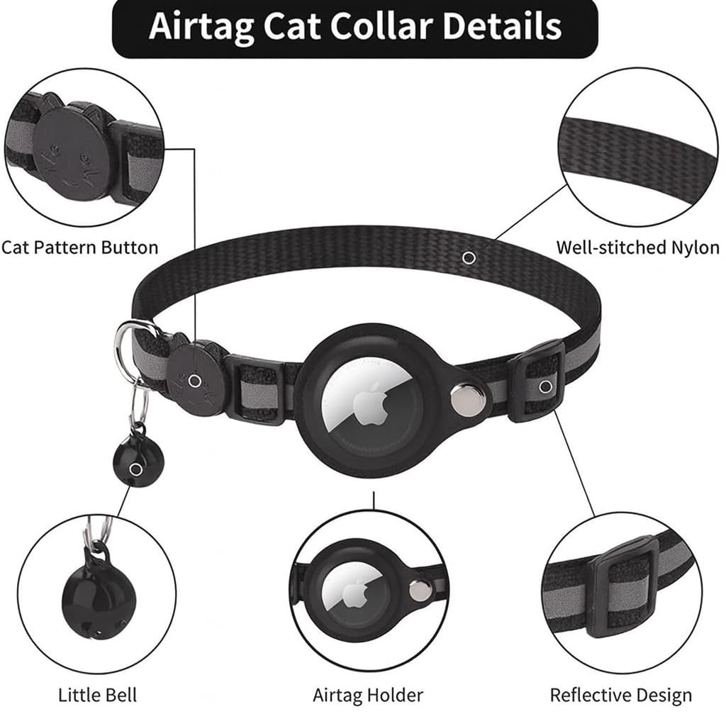 Cat Collar with AirTag Holder – Reflective Adjustable Pet Collar with Bell & Breakaway Buckle, Compatible with Apple AirTag, Safe for Cats & Kittens