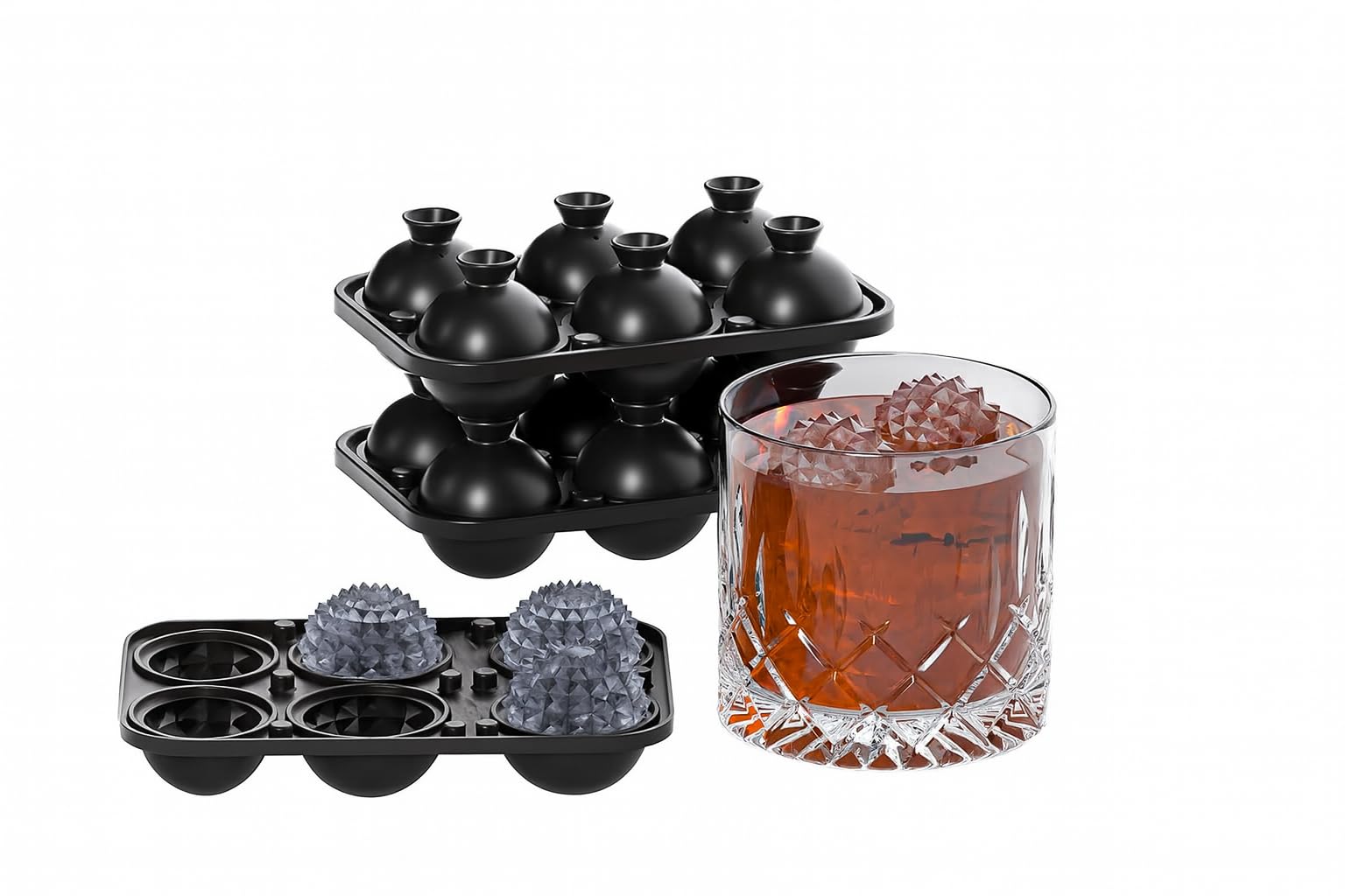 Sphere Ice Cube Tray – 6 Cubes Diamond Pattern Silicone Mold, Easy Release, Reusable Round Ice Ball Maker for Whiskey, Cocktails & Drinks