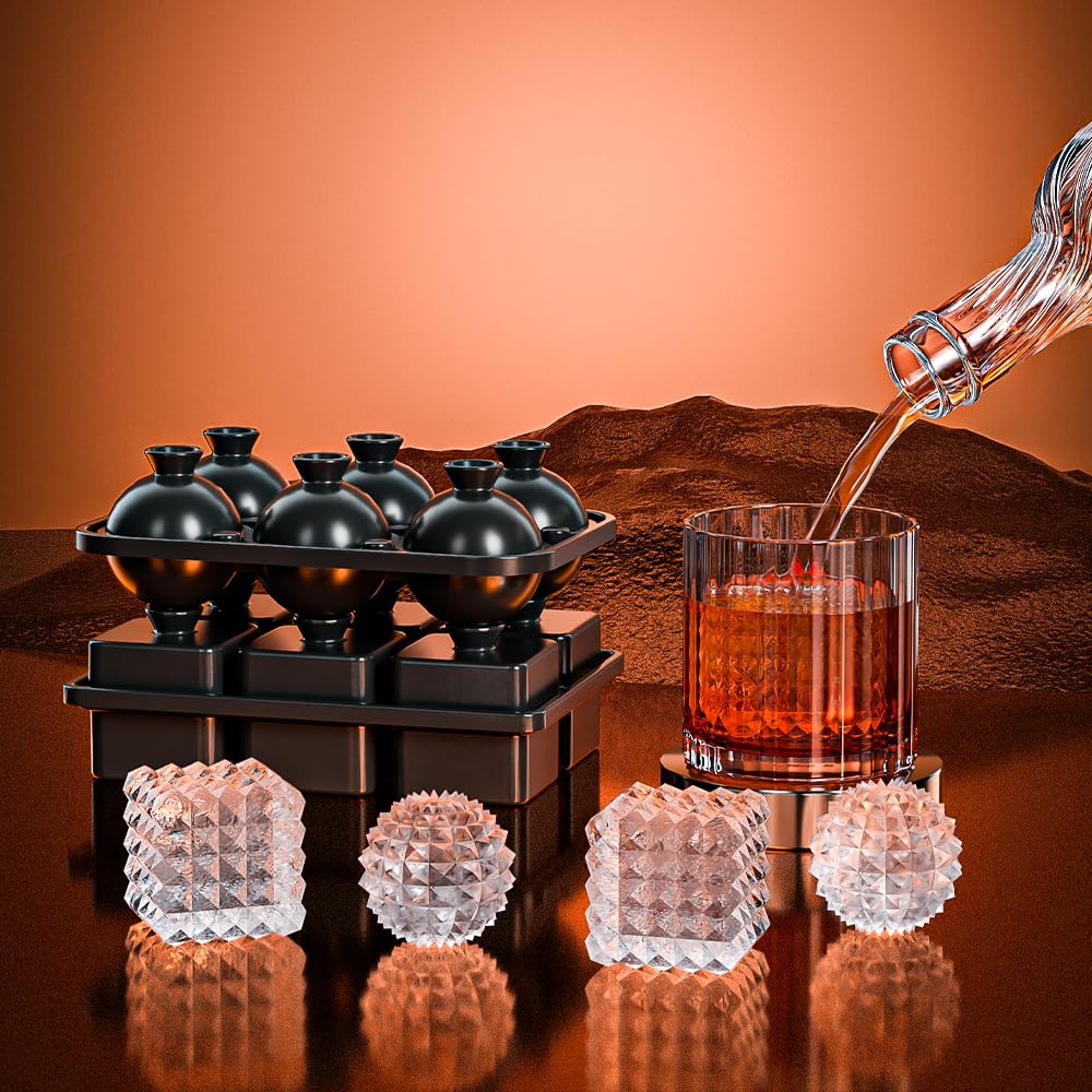 Sphere Ice Cube Tray – 6 Cubes Diamond Pattern Silicone Mold, Easy Release, Reusable Round Ice Ball Maker for Whiskey, Cocktails & Drinks